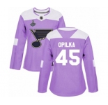 Women's St. Louis Blues #45 Luke Opilka Authentic Purple Fights Cancer Practice 2019 Stanley Cup Champions Hockey Jersey