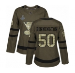 Women's St. Louis Blues #50 Jordan Binnington Authentic Green Salute to Service 2019 Stanley Cup Champions Hockey Jersey