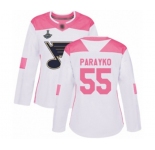 Women's St. Louis Blues #55 Colton Parayko Authentic White Pink Fashion 2019 Stanley Cup Champions Hockey Jersey