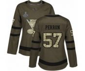 Women's St. Louis Blues #57 David Perron Authentic Green Salute to Service 2019 Stanley Cup Champions Hockey Jersey