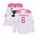 Women's St. Louis Blues #6 Joel Edmundson Authentic White Pink Fashion 2019 Stanley Cup Champions Hockey Jersey