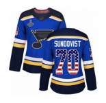 Women's St. Louis Blues #70 Oskar Sundqvist Authentic Blue USA Flag Fashion 2019 Stanley Cup Champions Hockey Jersey