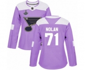 Women's St. Louis Blues #71 Jordan Nolan Authentic Purple Fights Cancer Practice 2019 Stanley Cup Champions Hockey Jer