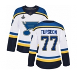 Women's St. Louis Blues #77 Pierre Turgeon Authentic White Away 2019 Stanley Cup Champions Hockey Jersey