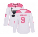 Women's St. Louis Blues #9 Doug Gilmour Authentic White Pink Fashion 2019 Stanley Cup Champions Hockey Jersey