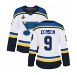 Women's St. Louis Blues #9 Shayne Corson Authentic White Away 2019 Stanley Cup Champions Hockey Jersey