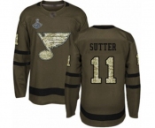 Youth St. Louis Blues #11 Brian Sutter Authentic Green Salute to Service 2019 Stanley Cup Champions Hockey Jersey