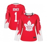 Women Adidas Toronto Maple Leafs #1 Johnny Bower Authentic Red Alternate NHL Jersey