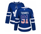 Women Adidas Toronto Maple Leafs #91 John Tavares Blue Home Authentic USA Flag Stitched NHL Jersey
