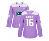 Women Adidas Vancouver Canucks #16 Trevor Linden Purple Authentic Fights Cancer Stitched NHL Jersey