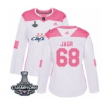 Women Adidas Washington Capitals #68 Jaromir Jagr Authentic White Pink Fashion 2018 Stanley Cup Final Champions NHL Jersey