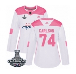Women Adidas Washington Capitals #74 John Carlson Authentic White Pink Fashion 2018 Stanley Cup Final Champions NHL Jersey