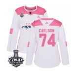 Women's Adidas Washington Capitals #74 John Carlson Authentic White Pink Fashion 2018 Stanley Cup Final NHL Jersey