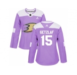 Women Adidas Anaheim Ducks #15 Ryan Getzlaf Purple Authentic Fights Cancer Stitched NHL Jersey