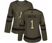 Women Anaheim Ducks #1 Lukas Dostal Authentic Green Salute to Service Hockey Jersey