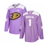 Youth Anaheim Ducks #1 Lukas Dostal Authentic Purple Fights Cancer Practice Hockey Jersey