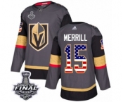 Men Adidas Vegas Golden Knights #15 Jon Merrill Authentic Gray USA Flag Fashion 2018 Stanley Cup Final NHL Jersey