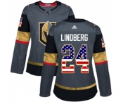 Women Adidas Vegas Golden Knights #24 Oscar Lindberg Authentic Gray USA Flag Fashion NHL Jersey
