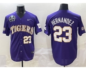 Men's LSU Tigers #23 Luis Hernandez Purple 2025 World Series & SEC Patch Stitched Baseball Jersey