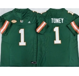 Men's Miami Hurricanes #1 Malachi Toney Aqua F.U.S.E. Stitched Football Jersey
