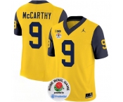 Men's Michigan Wolverines #9 J.J. McCarthy 2023 F.U.S.E. Yellow Navy Rose Bowl Patch Stitched Jersey