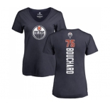 NHL Women Adidas Edmonton Oilers #75 Evan Bouchard Navy Blue Backer Slim Fit V-Neck T-Shirt