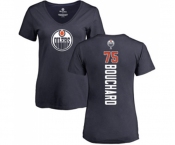 NHL Women Adidas Edmonton Oilers #75 Evan Bouchard Navy Blue Backer Slim Fit V-Neck T-Shirt