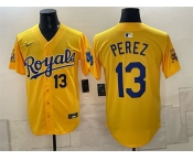 Men's Kansas City Royals #13 Salvador Perez Gold Sluggerrr Patch Vapor Limited Stitched Baseball Jersey