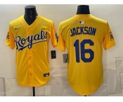 Men's Kansas City Royals #16 Bo Jackson Gold Sluggerrr Patch Vapor Limited Stitched Baseball Jersey