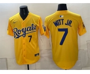 Men's Kansas City Royals #7 Bobby Witt Jr. Gold Sluggerrr Patch Vapor Limited Stitched Baseball Jersey