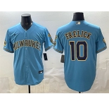 Men's Milwaukee Brewers #10 Sal Frelick Blue With Home & Bob Uecker Patch Stitched Baseball Jersey