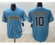 Men's Milwaukee Brewers #10 Sal Frelick Blue With Home & Bob Uecker Patch Stitched Baseball Jersey