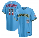 Men's Milwaukee Brewers #11 Jackson Chourio Blue 2026 USA 250 Fourth of July Home Stadium Stitched Baseball Jersey