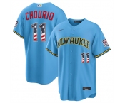 Men's Milwaukee Brewers #11 Jackson Chourio Blue 2026 USA 250 Fourth of July Home Stadium Stitched Baseball Jersey