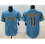 Men's Milwaukee Brewers #11 Jackson Chourio Blue With Home & Bob Uecker Patch Stitched Baseball Jersey