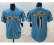 Men's Milwaukee Brewers #11 Jackson Chourio Blue With Home & Bob Uecker Patch Stitched Baseball Jersey