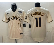 Men's Milwaukee Brewers #11 Jackson Chourio Cream 2026 NLCS Patch Stitched Baseball Jersey