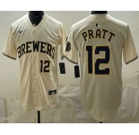 Men's Milwaukee Brewers #12 Cooper Pratt Cream Stitched Jersey