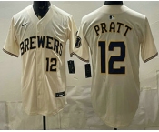 Men's Milwaukee Brewers #12 Cooper Pratt Cream Stitched Jersey