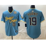 Men's Milwaukee Brewers #19 Robin Yount Powder Blue City Connect With Home & Bob Uecker Patch Limited Stitched Baseball Jersey