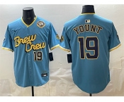 Men's Milwaukee Brewers #19 Robin Yount Powder Blue City Connect With Home & Bob Uecker Patch Limited Stitched Baseball Jersey