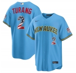 Men's Milwaukee Brewers #2 Brice Turang Blue 2026 USA 250 Fourth of July Home Stadium Stitched Baseball Jersey