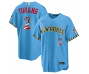 Men's Milwaukee Brewers #2 Brice Turang Blue 2026 USA 250 Fourth of July Home Stadium Stitched Baseball Jersey