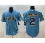 Men's Milwaukee Brewers #2 Brice Turang Blue With Home & Bob Uecker Patch Stitched Baseball Jersey