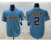 Men's Milwaukee Brewers #2 Brice Turang Blue With Home & Bob Uecker Patch Stitched Baseball Jersey