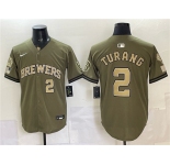Men's Milwaukee Brewers #2 Brice Turang Olive 2026 Armed Forces Day Stitched Baseball Jersey