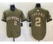 Men's Milwaukee Brewers #2 Brice Turang Olive 2026 Armed Forces Day Stitched Baseball Jersey