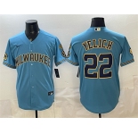 Men's Milwaukee Brewers #22 Christian Yelich Blue With Home & Bob Uecker Patch Stitched Baseball Jersey