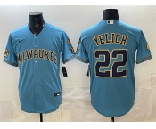 Men's Milwaukee Brewers #22 Christian Yelich Blue With Home & Bob Uecker Patch Stitched Baseball Jersey