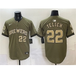 Men's Milwaukee Brewers #22 Christian Yelich Olive 2026 Armed Forces Day Stitched Baseball Jersey